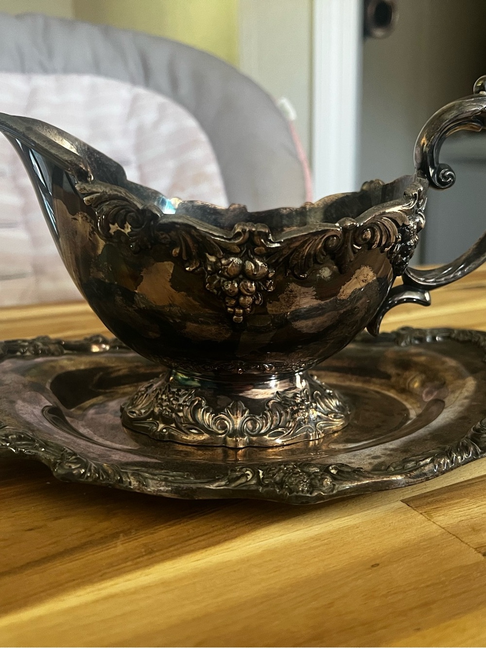 Reed & Barton Silver Gravy Boat with Ornate Tray